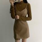 Mock-neck Long-sleeve T-shirt / Faux Leather Overall Dress