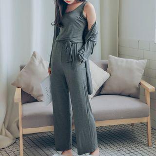 Set: Plain Open-front Jacket + Tank Top + Lounge Pants