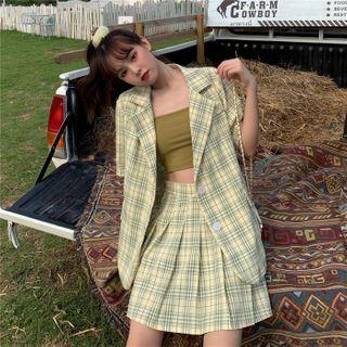 Set: Plaid Short-sleeve Blazer + Mini A-line Pleated Skirt