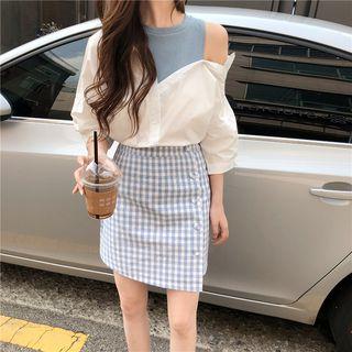 Mock Two Piece Asymmetric Shoulder Blouse