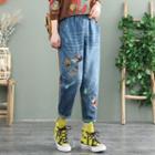 Cartoon Cat Embroidered Distressed Tapered Jeans