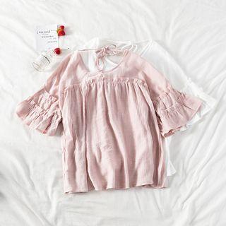 Frilled Trim Bell Sleeve V-neck Blouse