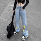 Low Waist Star Embroidered Wide Leg Jeans