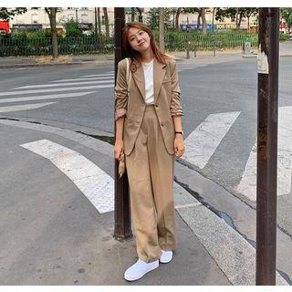 Set: Button Blazer + Wide Leg Dress Pants Khaki - One Size