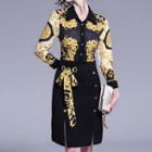 Long-sleeve Baroque Print Buttoned Sashed Dress