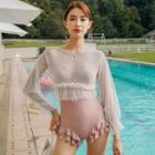 Set: Frill Trim Swimsuit + Ruffled Dotted Mesh Top
