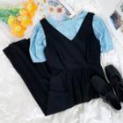 Short-sleeve Plain Top / Sleeveless V-neck Plain Midi Dress