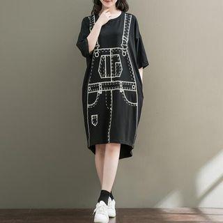 Printed Elbow-sleeve Midi T-shirt Dress