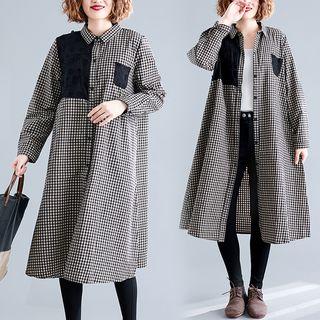 Plaid Color Panel Long-sleeve Shirtdress Black - Plaid - L