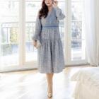 Puff-sleeve Floral Print Midi A-line Lace Dress