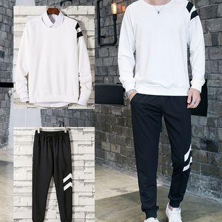 Set: Contrast-trim Pullover + Chevron Stripe Sweatpants