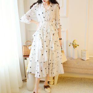 Star Printed Elbow-sleeve Tiered Midi Dress