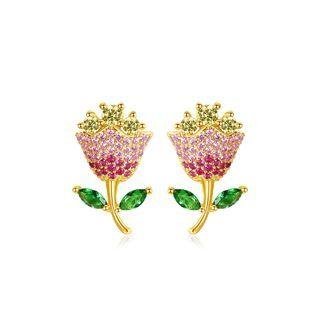 Fashion And Elegant Plated Gold Flower Stud Earrings With Colorful Cubic Zirconia Golden - One Size