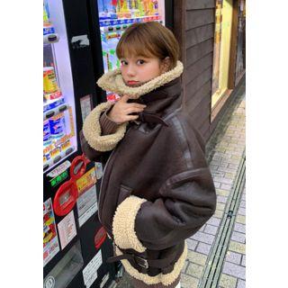 Funnel-neck Faux-shearling Biker Jacket Brown - One Size