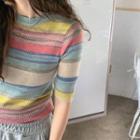 Elbow-sleeve Color Block Knit Top Stripes - Yellow & Blue & Pink - One Size