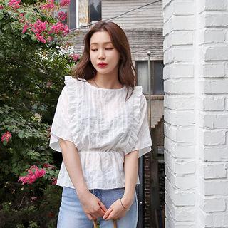 Elbow-sleeve Frill-trim Top