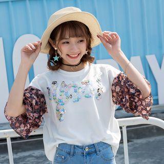 Floral Sleeve Panel Sequins T-shirt