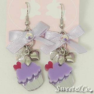 Ribbon Purple Cupcake Crystal Silver Earrings