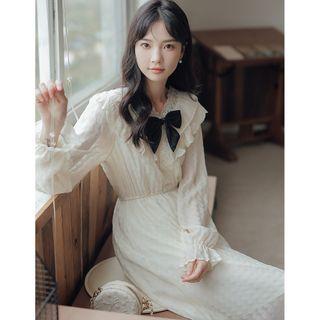 Long-sleeve Lace Trim Bow Accent A-line Dress