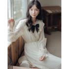 Long-sleeve Lace Trim Bow Accent A-line Dress