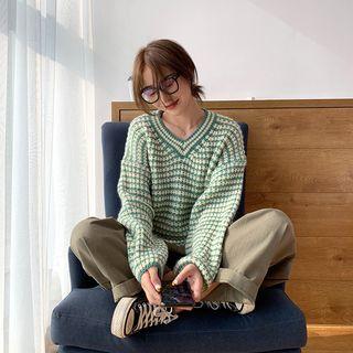 V-neck Striped Pointelle Sweater