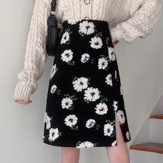 Flower Print Slit-hem A-line Skirt