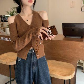 Long-sleeve Halter-neck Button-up Knit Top