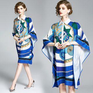 Printed Collared A-line Cape Dress