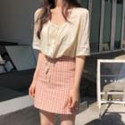 Short-sleeve Square Neck Cropped Blouse / Plaid Pencil Skirt