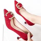 Embellished Buckled Faux Leather Pointed Kitten Heel Pumps