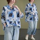 Flower Print Shirt Shirt - Blue Flower - White - One Size