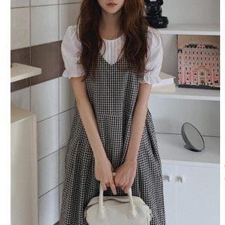 Puff-sleeve Blouse / Sleeveless Gingham Midi A-line Dress
