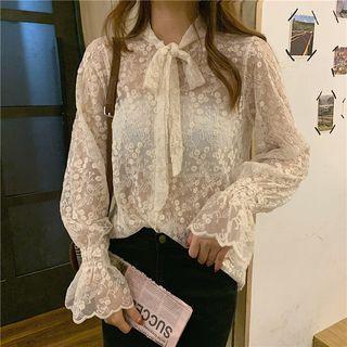 Tie-neck Lace Blouse Almond - One Size