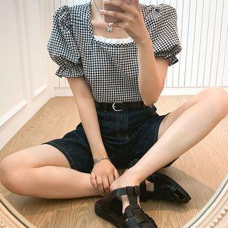 Puff-sleeve Lace-trim Checked Top