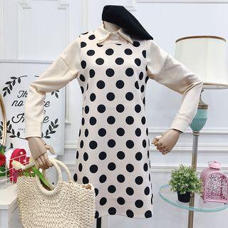 Set: Long-sleeve Shirt + Dotted Pinafore Mini Dress