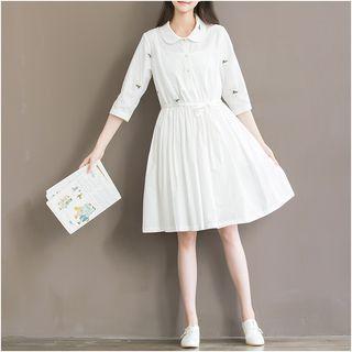Flower Embroidered 3/4 Sleeve Collared Dress