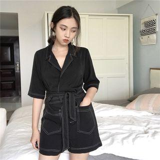 Contrast Trim Elbow Sleeve Collared Playsuit