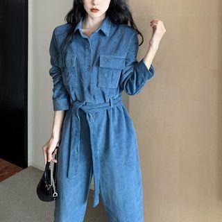 Long-sleeve Denim Jumpsuit Blue - One Size