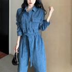 Long-sleeve Denim Jumpsuit Blue - One Size