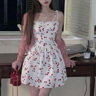 Tie-shoulder Cherry Print A-line Dress / Cardigan