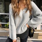 V-neck Wool Blend Ribbed Sweater
