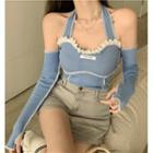 Long-sleeve Cold-shoulder Ruffle Top Blue - One Size