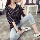 Stripe V-neck Elbow-sleeve T-shirt