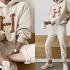 Drop-shoulder H Letter Print Hoodie Oatmeal - One Size