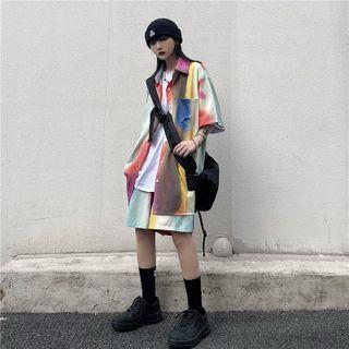Set: Elbow-sleeve Tie-dyed Shirt + Shorts Set - Tie-dyed - Orange & Yellow & Gray & Blue - One Size
