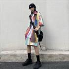 Set: Elbow-sleeve Tie-dyed Shirt + Shorts Set - Tie-dyed - Orange & Yellow & Gray & Blue - One Size