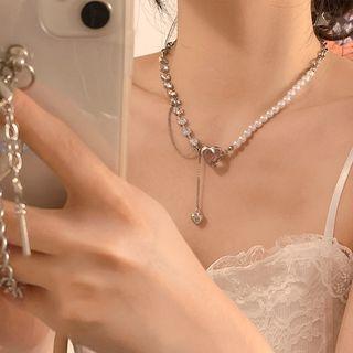 Rhinestone Faux Pearl Necklace 1 Pc - Silver & Pink - One Size