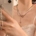 Rhinestone Faux Pearl Necklace 1 Pc - Silver & Pink - One Size