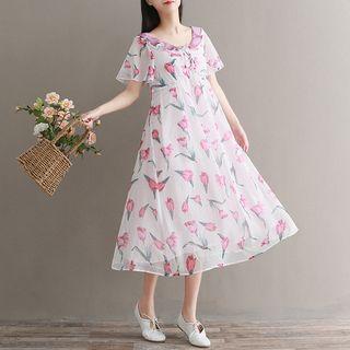 Floral Print Short-sleeve A-line Midi Chiffon Dress