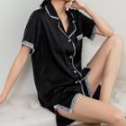 Loungewear Set : Lace Trim Short-sleeve Shirt + Shorts